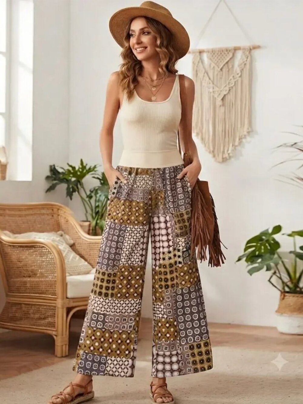 DREW Pants Boho Patchwork Mixed PrintWomen's Size Medium Pull On Wide Leg